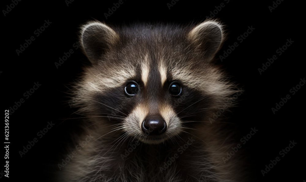 Obraz premium a raccoon looking at the camera with a black background. generative ai