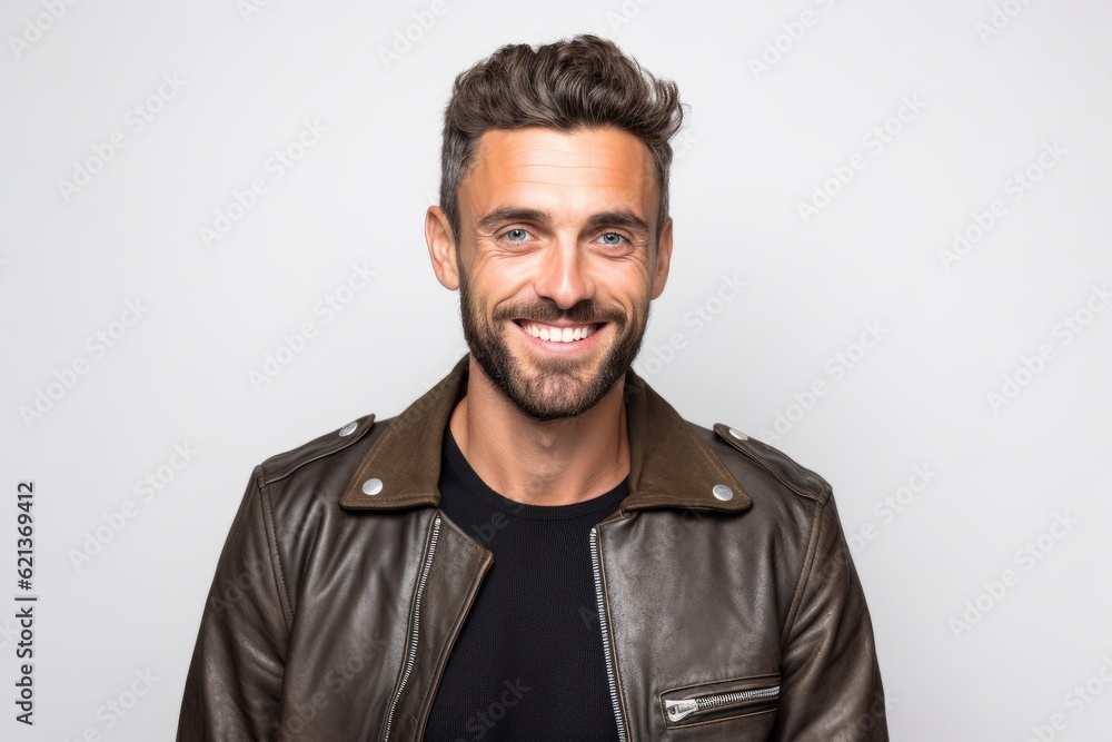 Portrait of a smiling young man in leather jacket on a white background Portrait of a smiling young man in leather jacket on a white background