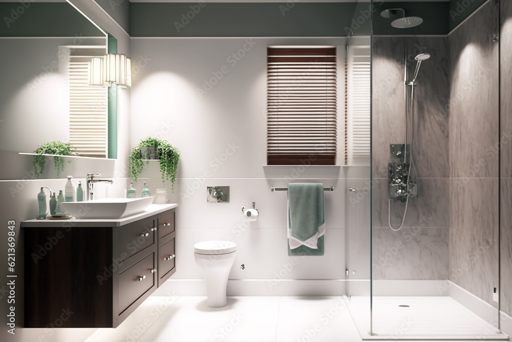 Obraz premium Luxury modern bathroom interior design with glass walk-in shower - Created with generative AI tools