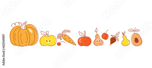 Frame with vegetables, border. Set of fall fruits and vegetables, harvest, natural background.  Line sketch on bright spots. Thanksgiving, harvest celebration. Pumpkin, apple, pear, carrot. Hand drawn