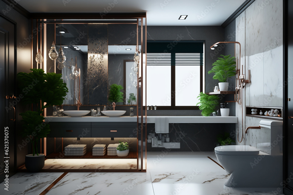 Fototapeta premium Luxury modern bathroom interior design with glass walk-in shower - Created with generative AI tools