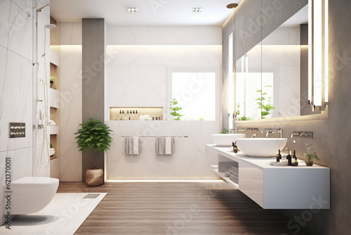 Luxury modern bathroom interior design with glass walk-in shower - Created with generative AI tools