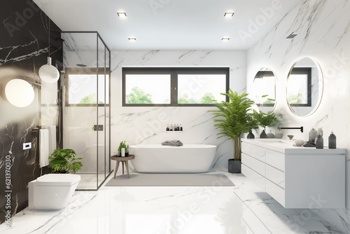 Luxury modern bathroom interior design with glass walk-in shower - Created with generative AI tools