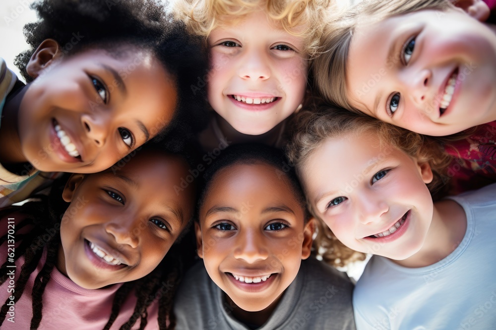 Group of diverse Multiethnic children in a circle looking at the camera