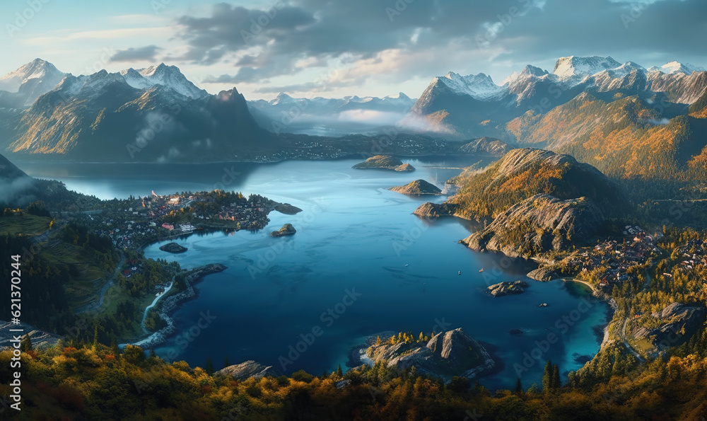 Obraz premium a large body of water surrounded by a mountain range and a town. generative ai