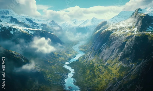  a river flowing through a valley surrounded by mountains and clouds. generative ai