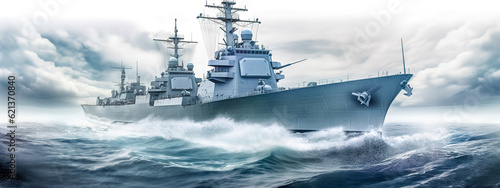 Fotografia modern army battleship with guns in the waters of the ocean, military navy ship,