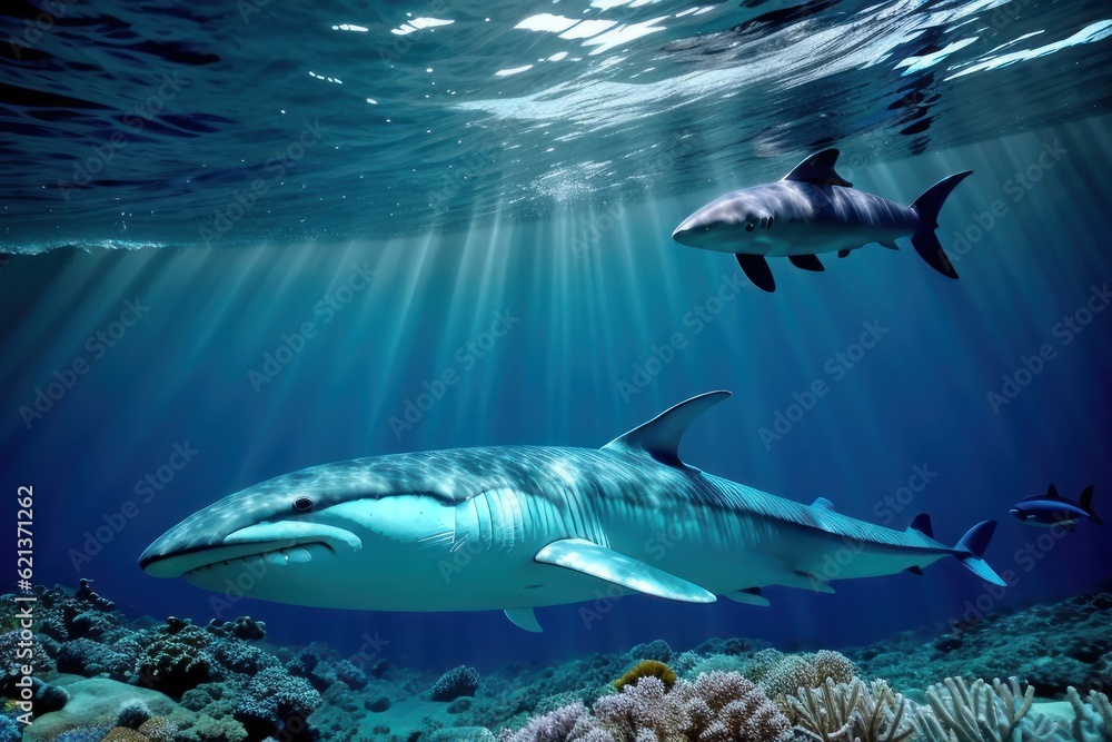 Fototapeta premium Beautiful whale underwater in the wild. Underwater world and life, concept. The whale swims in the clear ocean underwater. Blue water. Generative AI