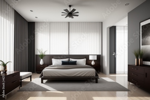 Modern minimalist bedroom interior design with grey furniture  oak floor in Scandinavian style. Aesthetic simple interior design concept. Large windows. Generative AI