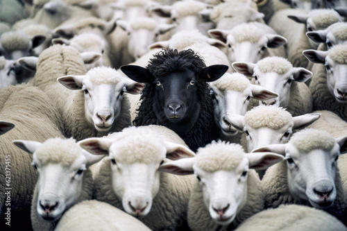 Single black sheep in herd of white ones. Generative AI