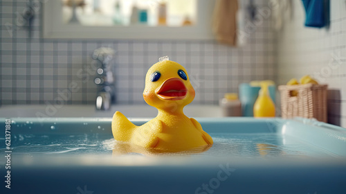 Print op canvas Rubber duck toy in bathroom