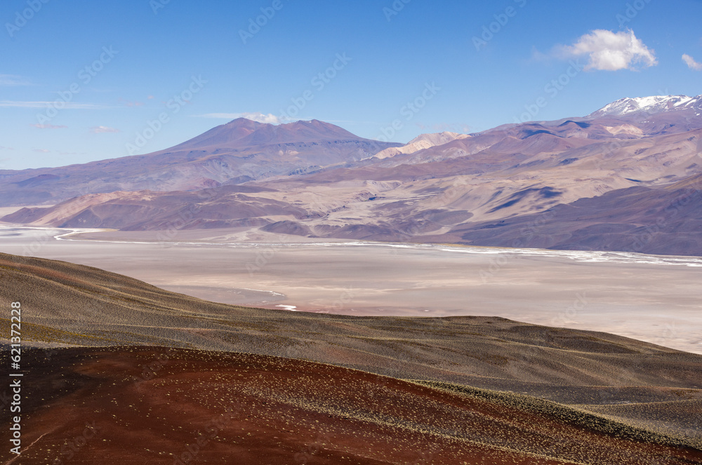 Fototapeta premium Crossing the Andes from Antofagasta de la Sierra to Antofalla - stunning landscape around the salt desert Salar de Antofalla in the Puna highlands