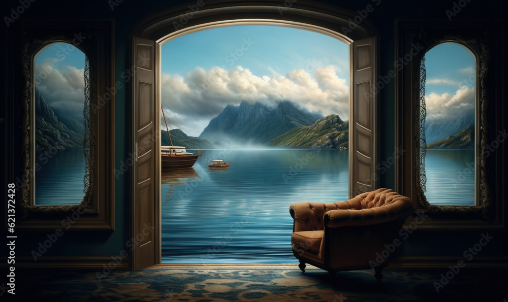 Fototapeta premium a chair sitting in front of an open door to a lake. generative ai