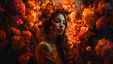 Wunderschöne junge Frau umgeben von Blumen und Blumen im Haar