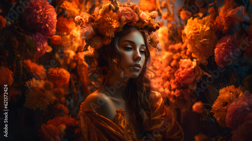 Wunderschöne junge Frau umgeben von Blumen und Blumen im Haar