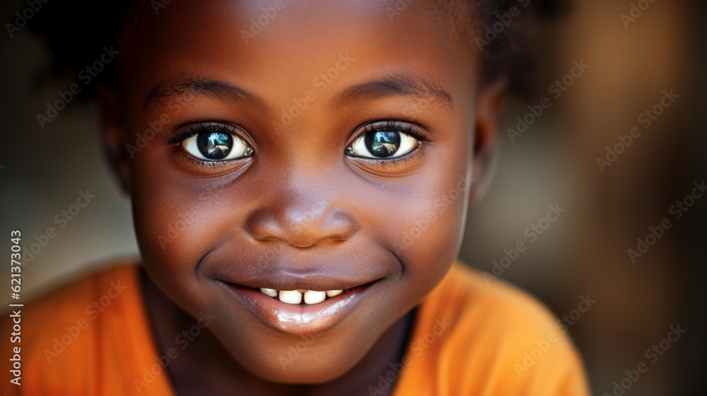 A close-up photograph of a curious African child, with bright eyes and a captivating smile Generative AI A close-up photograph of a curious African child, with bright eyes and a captivating smile Generative AI