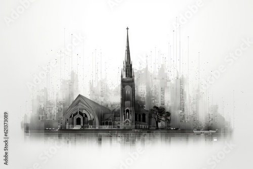Church on the background of the city. Black and white illustration. ASCII art
