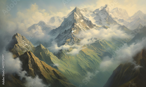  a painting of a mountain range with clouds and mountains in the background.  generative ai © Olga
