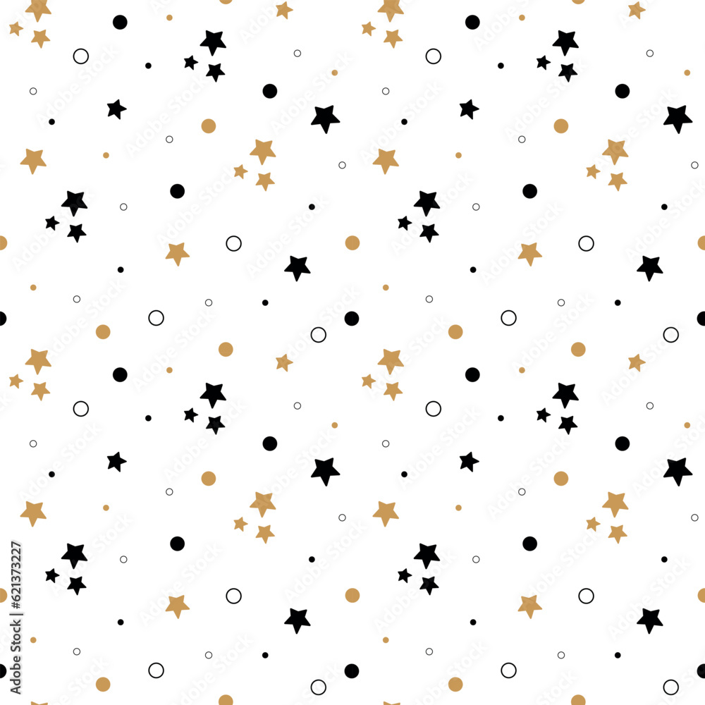 Cute holiday seamless pattern with stars. Black golden stars and circles repeat on white background. Holiday design for card. Vector illustration. Cute holiday seamless pattern with stars. Black golden stars and circles repeat on white background. Holiday design for card. Vector illustration.