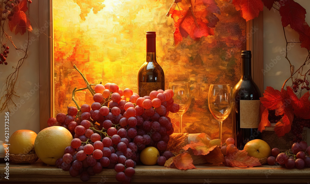  a painting of grapes, oranges, and a bottle of wine.  generative ai