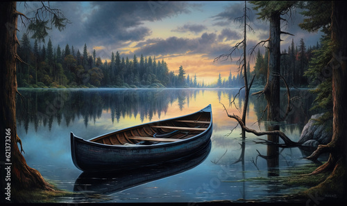  a painting of a boat on a lake with trees in the background.  generative ai © Olga