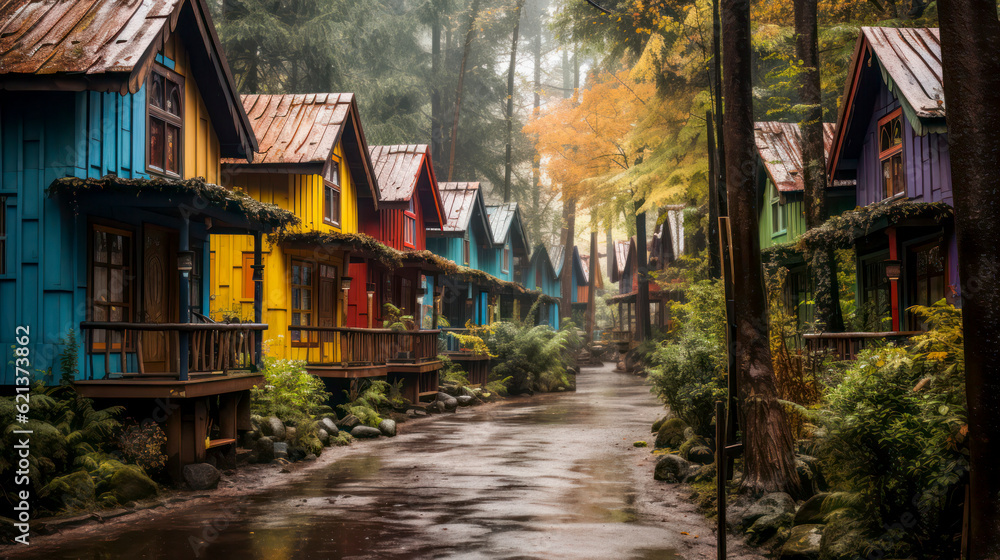 Obraz premium Illustration of colorful bungalows in the autumn forest with wet road, AI Generated