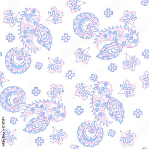 Floral fabric background with paisley ornament. Seamless illustration pattern