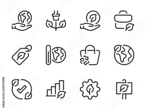 Ecology and Environment vector line icons. Ecological processes and Eco product outline icon set. Global warming, Green energy, Greening the planet, Care for nature and more.