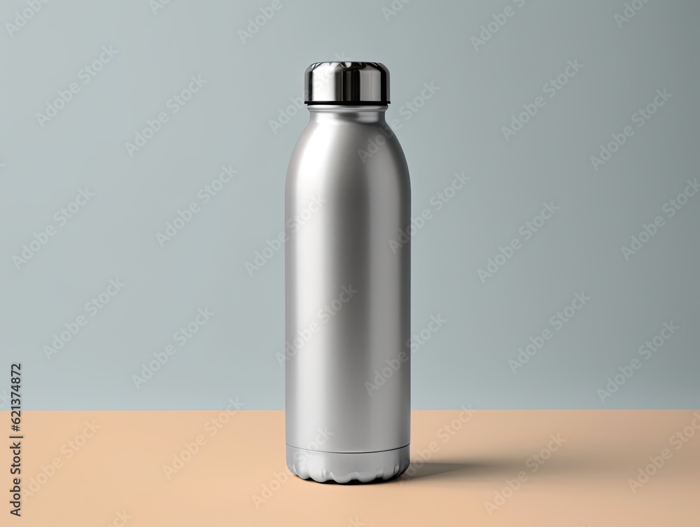 Unbranded blank stainless steel water bottle isolated on light blue background. Studio shot with copy space Unbranded blank stainless steel water bottle isolated on light blue background. Studio shot with copy space