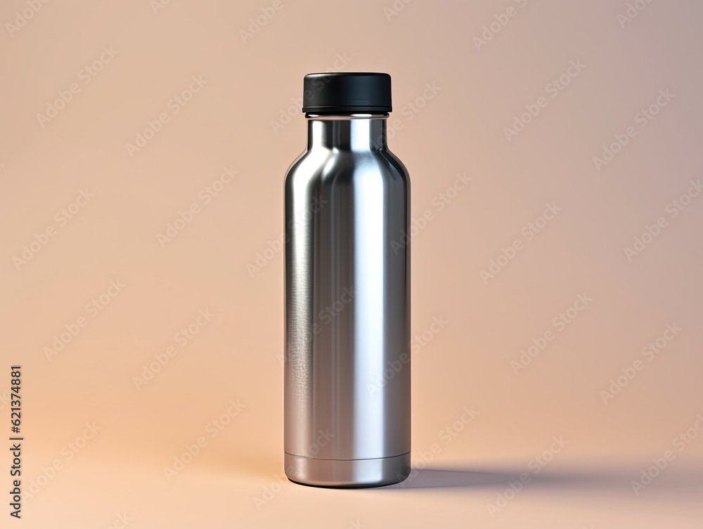 Mockup of a blank stainless steel water bottle with black cap isolated on pink background. Studio shot with copy space Mockup of a blank stainless steel water bottle with black cap isolated on pink background. Studio shot with copy space