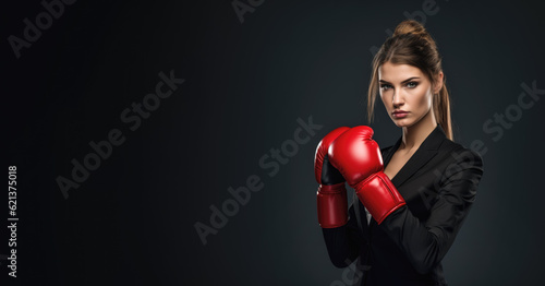 Young beautiful woman in smart business blouse wearing red boxing gloves as if ready for fight. Wide banner copy space on side. Generative AI