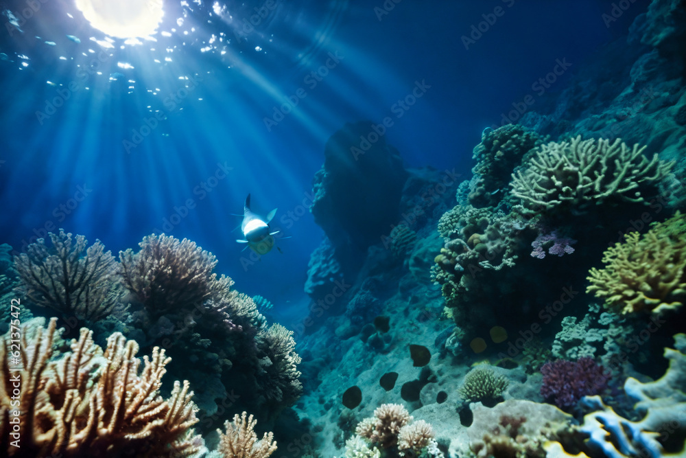 Fototapeta premium Undewater world landscape, reef, sea bottom with corals and seaweeds 