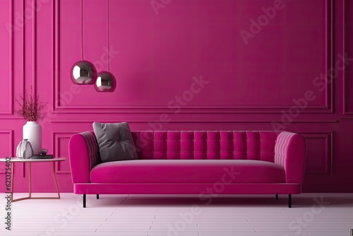 Interior of the room in plain monochrome magenta color with furnitures and a sofa. Generative AI