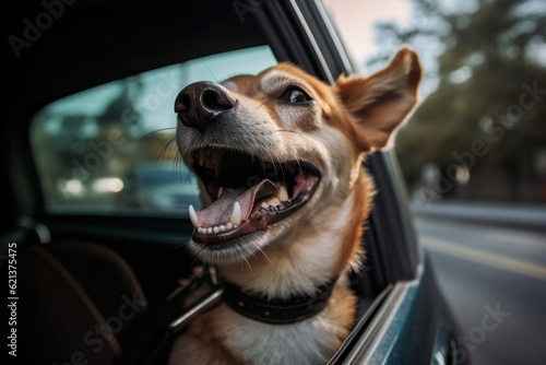 Happy dog riding in the car with its head out the window, enjoying the fresh air and feeling the breeze on its face. AI Generative technology.