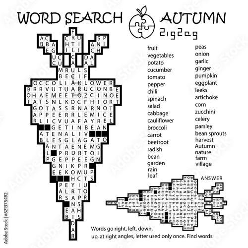 Zigzag Word Search Crossword Puzzle. Carrot. Autumn. Words go right, left, down, up, at right angles, letter used only once. Black, white educational activity page. Worksheet. Game for kids, adults