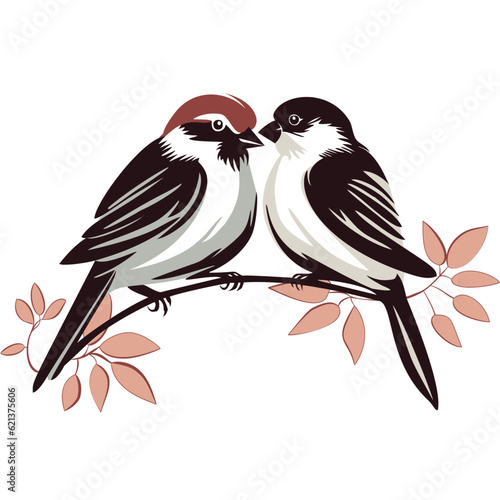 Pair of love birds on branch, feminine sticker art, aesthetic movement, 5 colors, low points.