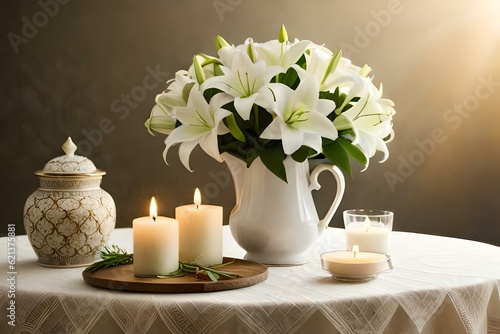WHITE FLOWER IN VASE AND CANDELS AI GENERATED