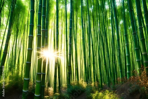 A tranquil bamboo forest with rays of sunlight