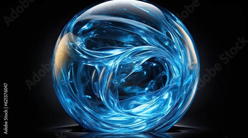 AI-generated abstract illustration of a sphere made entirely of water, on a gradient blue background. MidJourney.