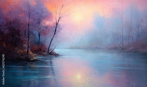  a painting of a river with trees in the background and a sunset in the background.  generative ai © Olga