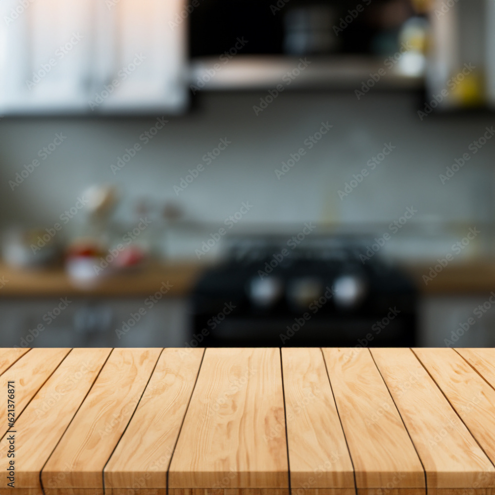 Table top with kitchen blur bokeh background Table top with kitchen blur bokeh background