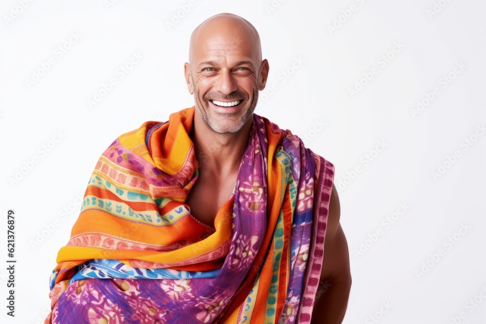 man in his 40s that is wearing a vibrant sarong against a white background