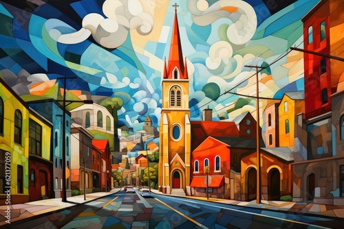 Cartoon city street with colorful houses and church - illustration