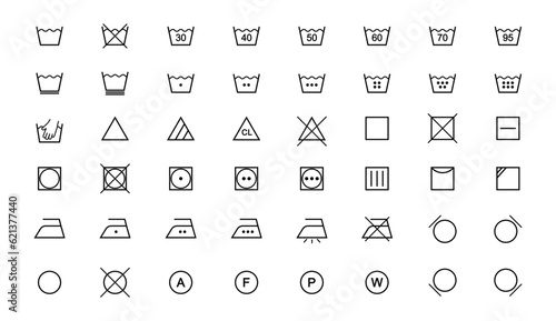 Laundry icon full set. Laundry symbols. Clothes care instruction icons. Washing, water temperature, drying, bleaching, ironing and dry cleaning symbols. Vector illustration.