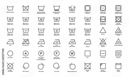 Laundry icon full set. Laundry symbols. Clothes care instruction icons. Washing, water temperature, drying, bleaching, ironing and dry cleaning symbols. Vector illustration.