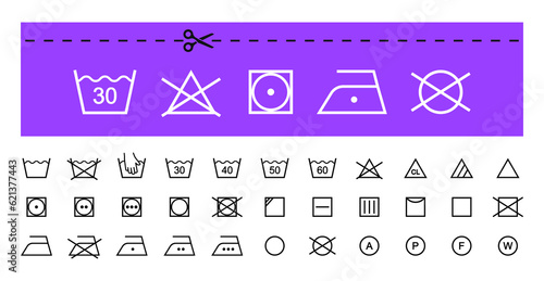 Laundry icon set. Laundry symbols. Clothes care instruction icons. Washing, water temperature, drying, bleaching, ironing and dry cleaning symbols. Vector illustration.