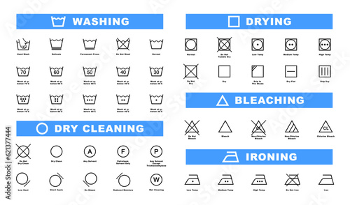 Laundry icon set. Laundry symbols. Clothes care instruction icons. Washing, water temperature, drying, bleaching, ironing and dry cleaning symbols. Vector illustration.