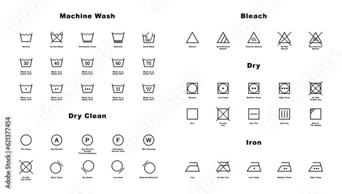 Laundry icon full set. Laundry symbols. Clothes care instruction icons. Washing, water temperature, drying, bleaching, ironing and dry cleaning symbols. Vector illustration.