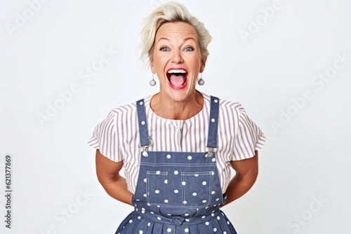 Portrait of a happy senior woman shouting and looking at camera isolated on a white background