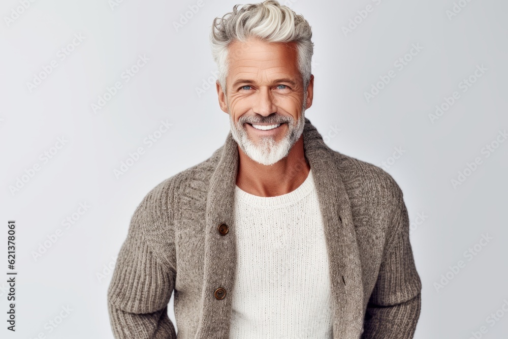 man in his 50s that is wearing a cozy oversized cardigan against a white background man in his 50s that is wearing a cozy oversized cardigan against a white background